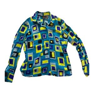 INC International Concepts Blue Geometric Silk Blouse Retro Mod Statement Top 6P